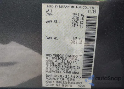 2020 Nissan Altima Sr Fwd from USA, damaged, VIN 1N4BL4CV3LN313426